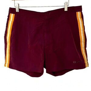DKNY L mens‎ maroon swimming trunks with yellow + white racing stripes
